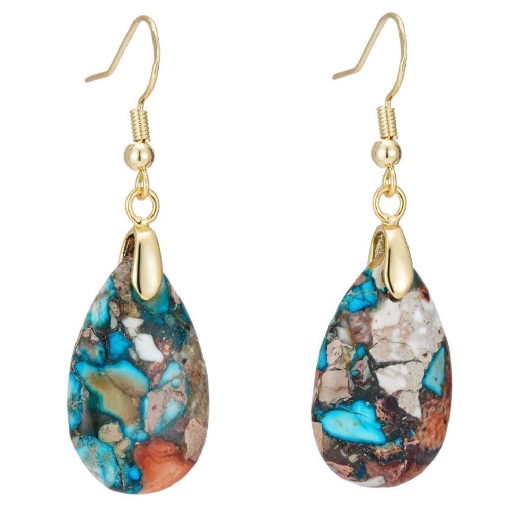 18K Yellow Gold with Natural Imperial Blue Orange Jasper Stone Hook Earrings